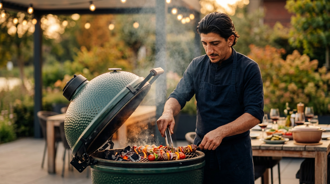 Chef grilt steaks boven open vuur