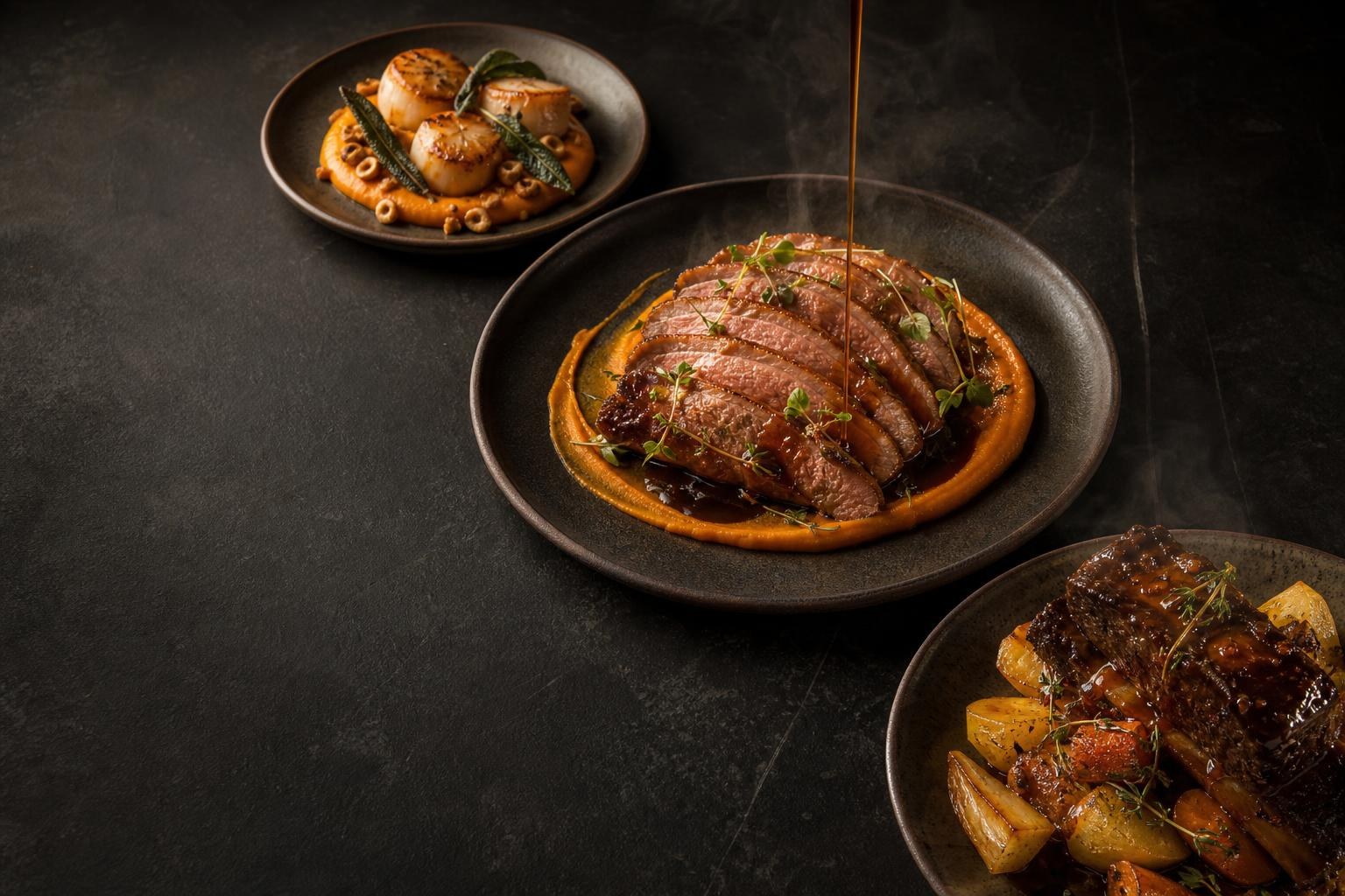 Catering spread van Chefs Street — eend, coquilles en kort gegaarde rib op donker steen